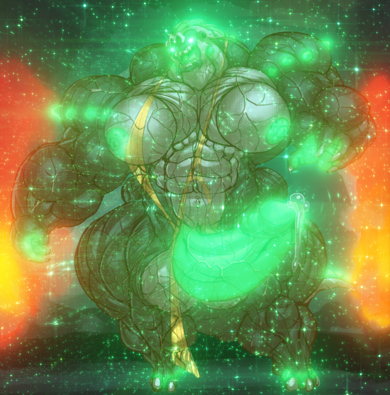 Raene Tye, a gigantic Rancor, roars as two pillars of fire frame her divine majesty.  Her body is even more muscular and frightening than normal Rancors, including emerald green-glowing eyes, nipples, spikes from her shoulders, and most notably a substantial cock dripping precum.  A few translucent gold scraps of fabric resembling clothes are draped over one breast and hanging down between her legs.  Emerald stars shine and warp all around her.